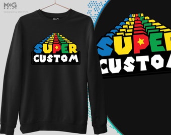 SUPER Personalised Text Sweatshirt, Custom Name Jumper, Retro Gamer Birthday Gift, Customised Arcade Style Sweater