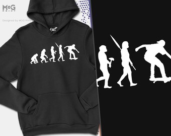 Skateboarding Evolution Hoodie | Skateboard Geschenk Pullover Streetwear Denim Parodie Skater Kleidung | Lustiger Skating Travel Pullover Alle Größen