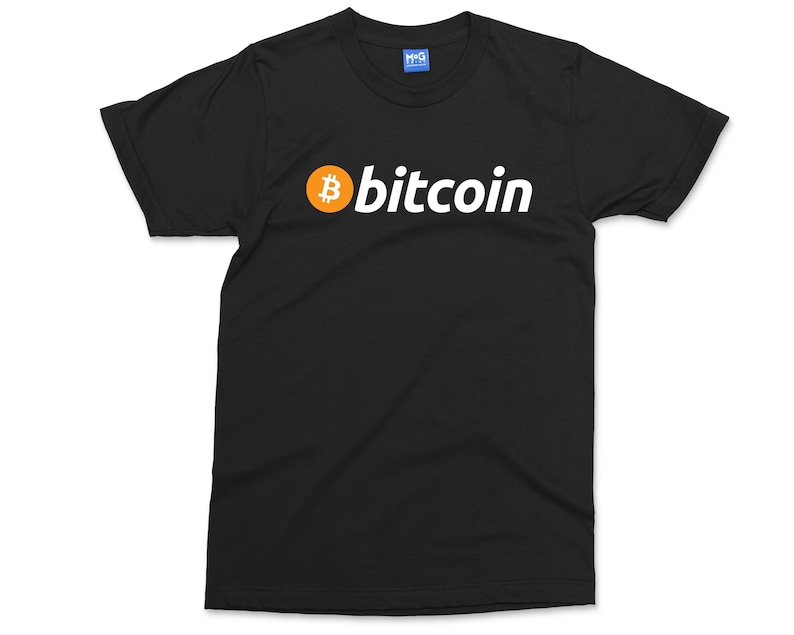 May include: Black t-shirt with a white "bitcoin" text and an orange bitcoin symbol.