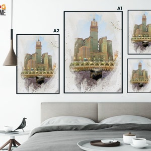May include: A watercolor painting of the Kaaba in Mecca, Saudi Arabia. The painting is in a white frame with black trim. The painting is available in four sizes: A1, A2, A3, and A4.