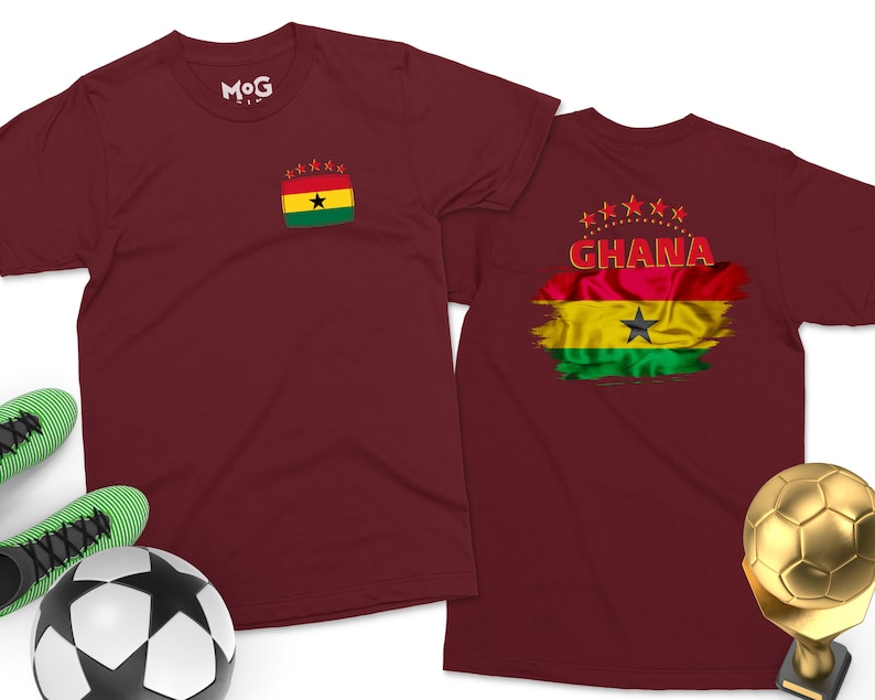 May include: Two maroon t-shirts with a Ghanaian flag design. The front shirt has a small flag with stars and the back shirt has a larger flag with the text "GHANA" in red.