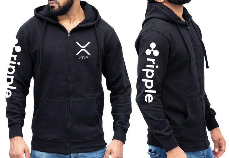 May include: Black zippered hoodie with a white Ripple logo on the left chest and the word "ripple" printed down the left sleeve.