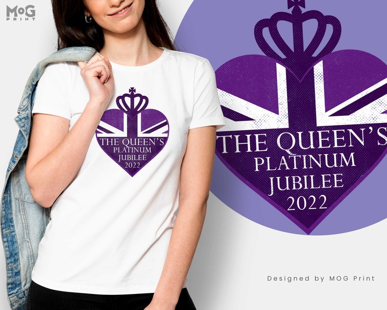 Queen Elizabeth II Platinum Jubilee Celebration T-Shirt Queens 70th Anniversary Purple Union Jack Heart tshirt Royal Emblem Gift UK Jubilee 