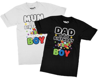 Birthday Boy Proud Parents T-shirt, Dad & Mum of the Birthday Boy Airplane Gift Top, Matching Couple Tee, B’Day Celebration Family Outfit