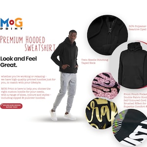 Pode incluir: Camisola de capuz preta com um bolso frontal e um capuz de tecido duplo. A camisola &eacute; feita de 80% poli&eacute;ster e 20% algod&atilde;o e tem um efeito escovado para um conforto superior. O texto "MOG PRINT" &eacute; apresentado em vermelho e branco no canto superior esquerdo da imagem. O texto "PREMIUM HOODED SWEATSHIRT" &eacute; apresentado em preto na parte superior central da imagem. O texto "Look and Feel Great." &eacute; apresentado em preto no centro esquerdo da imagem.