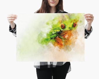 Watercolor Frog Wall Art Poster, Abstract Green Frog Print, Nature Animal Painting, Modern Home Decor Gift, A4 A3 A2 A1 A0 Fine Art