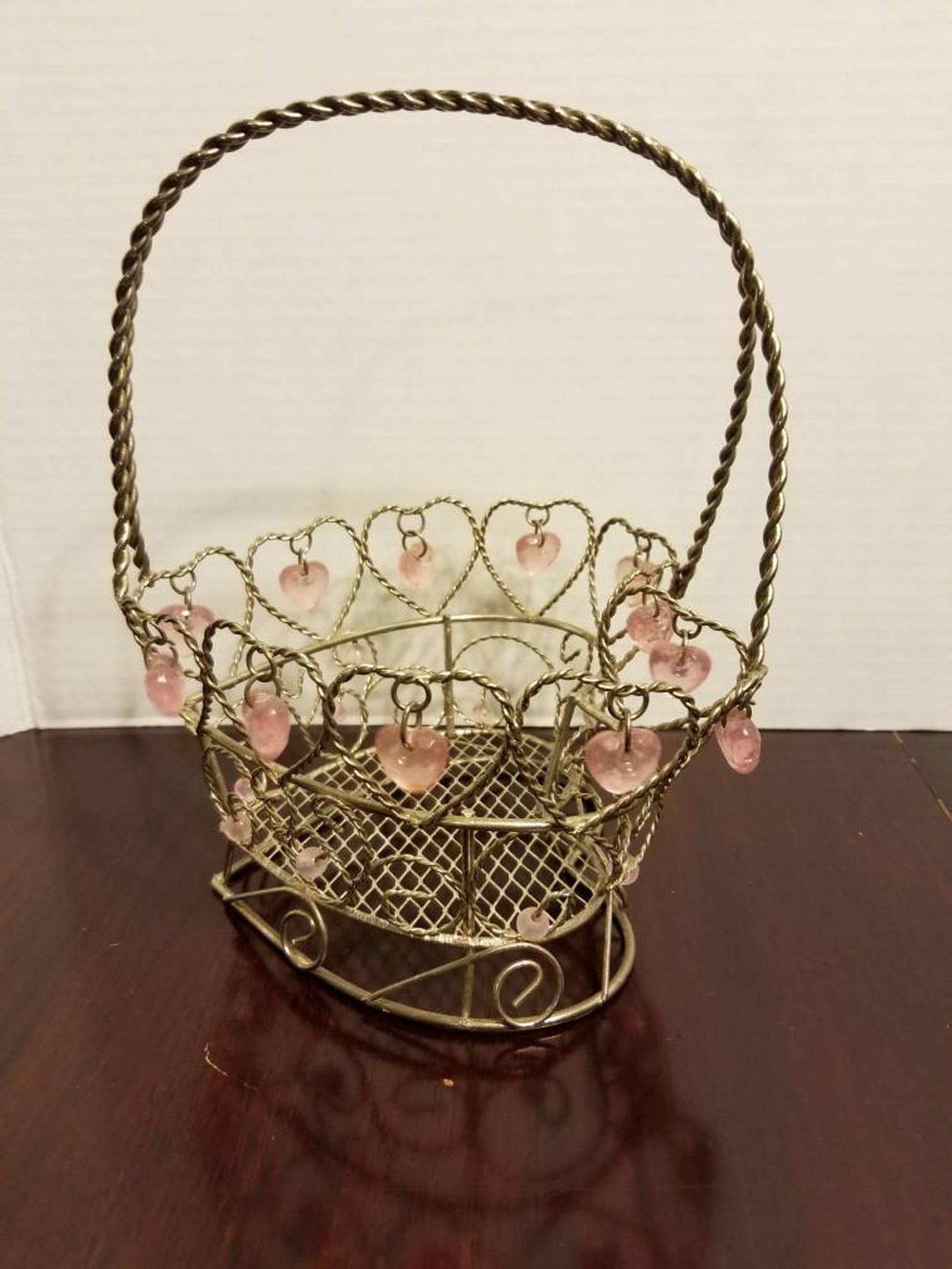 Heart Shaped Wire Basket with Dangling Pink Gems Etsy