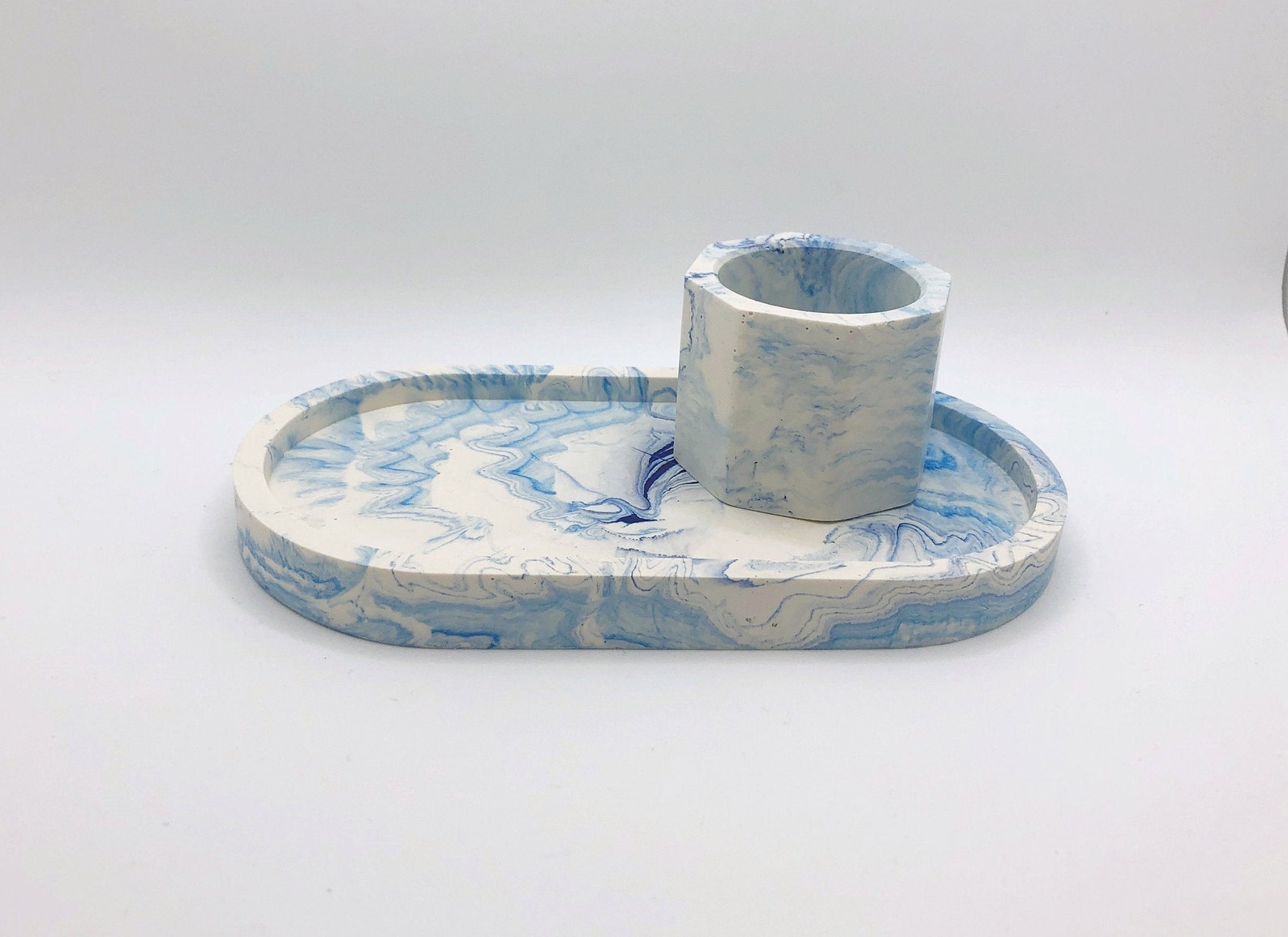 Blue Marble Oval Tray & Hexagon Pot Set Home Decor Home Etsy