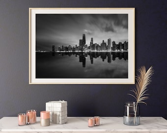 Chicago Skyline from North Avenue Beach - Black and White Print, Wall Art Decor, Printable Poster, Digital Download, Digital File