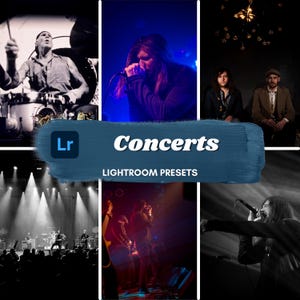 Könnte beinhalten: Ein Satz Lightroom-Voreinstellungen zum Bearbeiten von Konzertfotos. Die Voreinstellungen wurden entwickelt, um die Farben, den Kontrast und das allgemeine Erscheinungsbild von Konzertfotos zu verbessern. Das Bild zeigt eine Auswahl an Konzertfotos, darunter einen Schlagzeuger, einen Sänger und eine Band, die auf der Bühne spielt. Der Text "Concerts Lightroom Presets" ist auf dem Bild zu sehen.