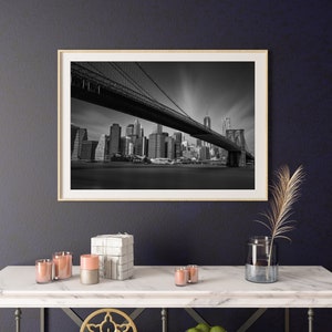 Brooklyn Bridge with Manhattan Skyline  - Black and White Print, Wall Art, New York Skyline, Printable Poster, Digital Download, NYC