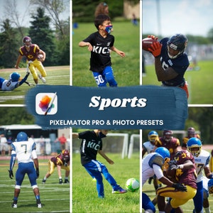 Könnte beinhalten: Eine Collage von Bildern, die junge Sportler zeigen, die verschiedene Sportarten ausüben, darunter American Football und Fußball. Die Bilder haben einen grünen Rasenplatz als Hintergrund. Der Text "Sports" ist in Fettdruck dargestellt, darunter steht "Pixelmator Pro & Photo Presets".