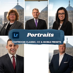 Könnte beinhalten: Eine Collage aus vier Porträts von Personen in Businesskleidung. Die Porträts sind vor dem Hintergrund einer Stadtkulisse angeordnet. Der Text "Portraits" ist in fetten weißen Buchstaben auf blauem Hintergrund geschrieben. Der Text "Lightroom Classic, CC & Mobile Presets" ist in weißen Buchstaben unter dem Wort "Portraits" geschrieben.