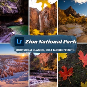 Könnte beinhalten: Eine Collage aus sechs Bildern, die die Schönheit des Zion Nationalparks zeigen. Die Bilder zeigen eine Vielzahl von Landschaften, darunter einen Wasserfall, einen Fluss, einen Canyon und einen Wald. Der Text "Zion National Park" ist in fetten, weißen Buchstaben auf blauem Hintergrund geschrieben.