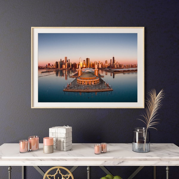 Chicago Skyline at Sunrise from Navy Pier - Color Print, Wall Art, Printable Poster, Digital Download, Digital File