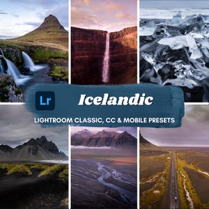 Könnte beinhalten: Ein Satz Lightroom-Presets namens "Icelandic" für klassische, CC- und mobile Versionen. Die Presets zeigen Bilder von isländischen Landschaften, darunter Wasserfälle, Berge und Gletscher.