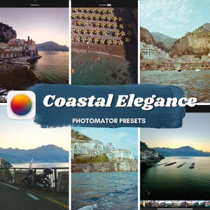 Könnte beinhalten: Eine Collage von Bildern, die Küstenlandschaften mit einem blau-weißen Farbschema zeigen. Die Bilder zeigen eine Stadt, die auf einer Klippe über dem Meer gebaut ist, einen Strand mit Sonnenschirmen und einen Hafen mit Booten. Der Text "Coastal Elegance_ PHOTOMATOR PRESETS" wird in fetter, weißer Schrift auf blauem Hintergrund angezeigt.
