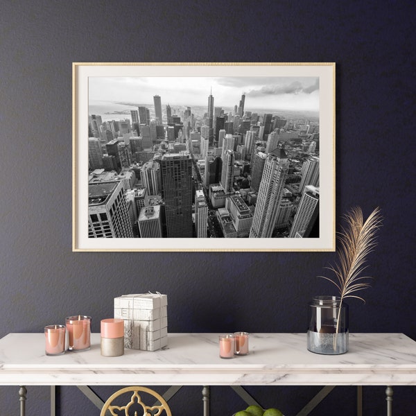 Chicago Skyline From the John Hancock Tower - Black and White Print, Wall Art, Printable Poster, Digital Download, Digital File