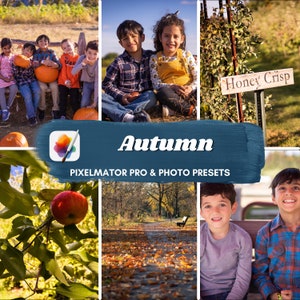 Könnte beinhalten: Eine Collage aus Bildern, die Kinder in einer herbstlichen Umgebung zeigen. Die Bilder zeigen Kinder, die auf einer Bank sitzen, Kinder, die Äpfel von einem Baum pflücken, und Kinder, die in einem Feld mit heruntergefallenen Blättern sitzen. Der Text "Herbst" ist in großer, fetter Schrift über die Mitte der Collage geschrieben. Der Text "Pixelmator Pro & Photo Presets" ist unter dem Wort "Herbst" geschrieben.