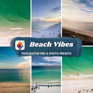 Könnte beinhalten: Eine Collage aus sechs Luftaufnahmen von Stränden mit türkisfarbenem Wasser, weißem Sand und blauem Himmel. Der Text "Beach Vibes" ist in weißen Buchstaben auf blauem Hintergrund mit einem Pinselstrich-Effekt geschrieben. Der Text "Pixelmator Pro & Photo Presets" ist in weißen Buchstaben unter dem Haupttext geschrieben.
