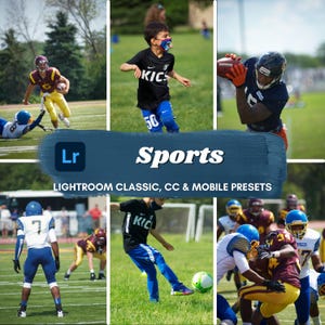 Könnte beinhalten: Eine Collage von Bildern mit Sportszenen. Das zentrale Bild zeigt das Wort "Sports" mit "LIGHTROOM CLASSIC, CC & MOBILE PRESETS" darunter. Die umgebenden Bilder zeigen Footballspieler in Aktion, beim Laufen, Fangen und Tackeln.