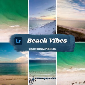 Könnte beinhalten: Eine Sammlung von Lightroom-Presets zum Bearbeiten von Strandfotos. Die Presets wurden entwickelt, um die Farben zu verbessern und einen lebendigen, sommerlichen Look zu erzeugen. Das Bild zeigt verschiedene Strandszenen, darunter einen Sandstrand mit türkisfarbenem Wasser, einen Strand mit Palmen und einen Strand mit Sonnenuntergang.