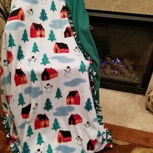 Winter Scene on green backing Embroidered Personalized Tie Blanket