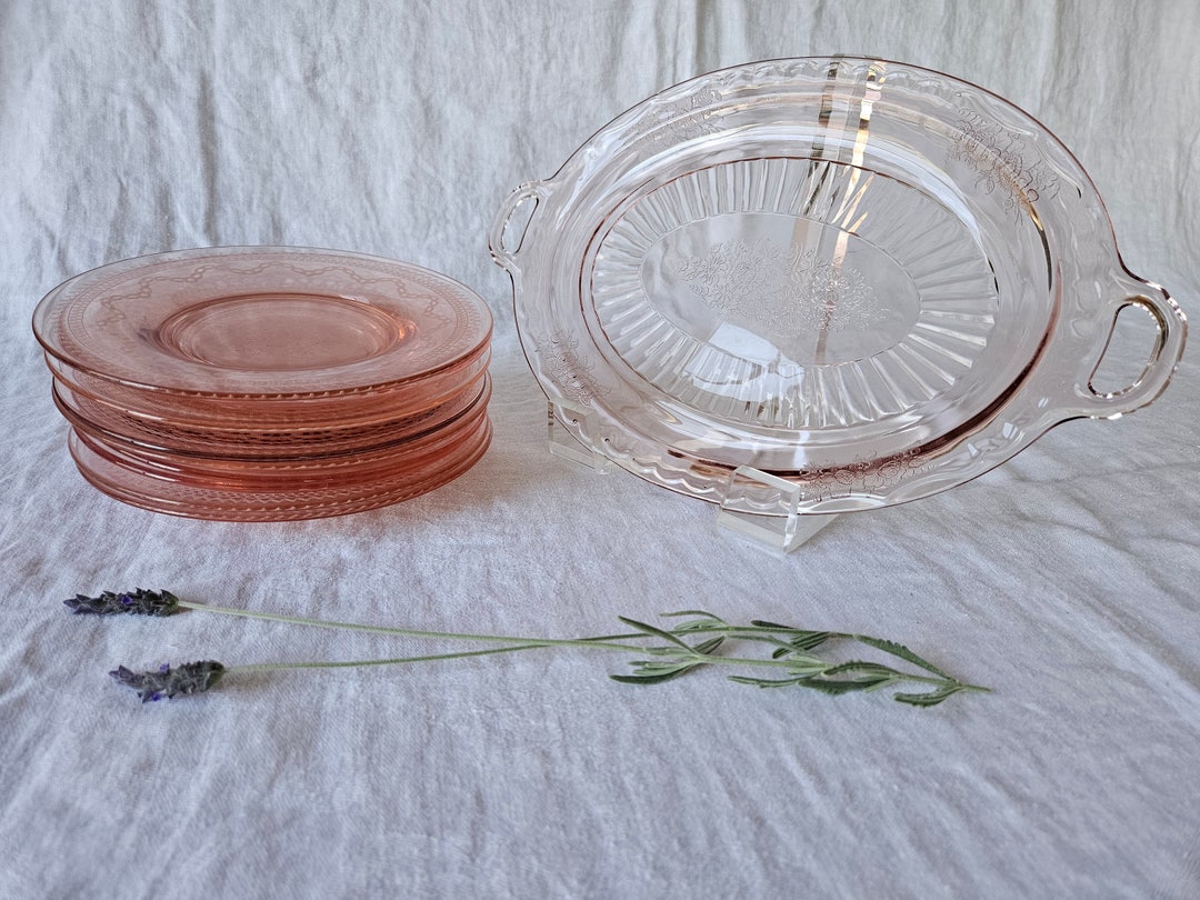 Pink Depression Glass Dessert Plates and Serving Tray Set of 9 Etsy