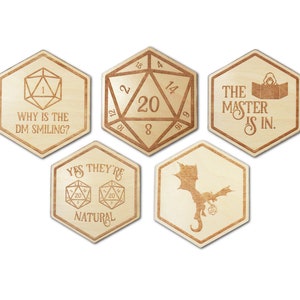 Gaming Coasters, D20, Fantasy Décor, Game Master Decorative Wood Coasters Cool & Unique Table Mug Cup Mats Laser Engraved