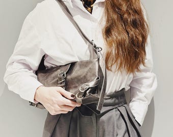 Silver Metallic Baguette Bag, Vegan Leather Shoulder Bag with Buckles, Edgy Y2K Crossbody