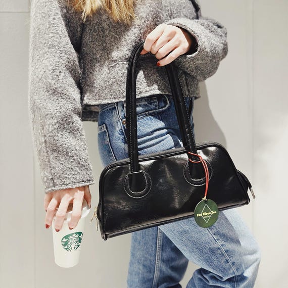 Black Vegan Leather Baguette Bag - Glossy Shoulder Purse - Minimalist Everyday Handbag for Women