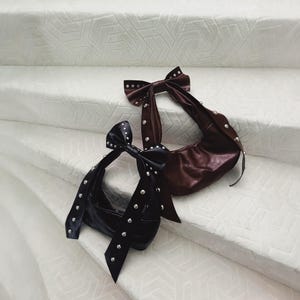 Studded Bow Shoulder Bag – Faux Leather Punk Handbag with Rivets, Soft Black or Brown Statement Bag