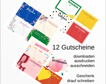 12 Gutscheine - verschiedene Designs 9 x 12 cm - originelles Geschenk - selbst ausdrucken - sofortiger Download