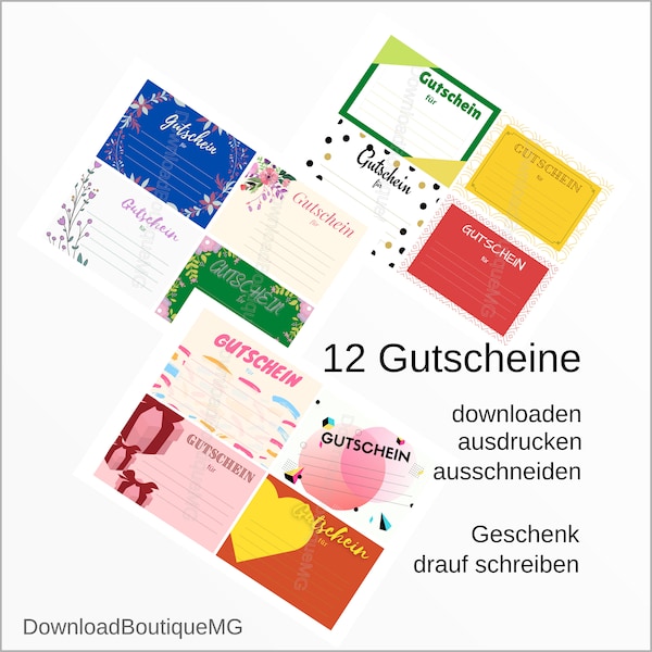 12 Gutscheine - verschiedene Designs 9 x 12 cm - originelles Geschenk - selbst ausdrucken - sofortiger Download