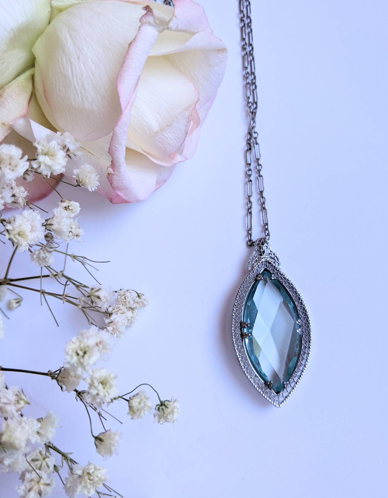 Antique Lavaliere Pendant Necklace Faceted Aquamarine Crystal Glass