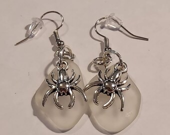 Spider charms, Lake Erie Beach glass earrings, unique jewelry, unique Halloween gift, for women, for mom, for girls, birthday, christmas