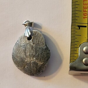 May include: A gray stone pendant with a silver bail. The stone is about 1 inch in diameter and has a rough, textured surface.