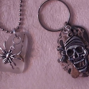 2 chains, Spider,  Skull,  Necklace, rear view mirror, sun catcher spider charm beach glass pendant, Skull keychain with stone