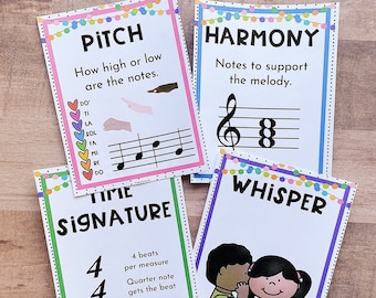 May include: Four colorful educational posters with musical terms: "Pitch," "Harmony," "Time Signature," and "Whisper." Each poster has a white background with a colorful border and text explaining musical concepts. The "Pitch" poster includes musical notes and hand gestures.