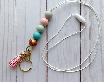 Beaded Lanyard | Teacher Lanyard | Badge Lanyard | Breakaway | Lanyard | Silicone Beaded Lanyard | Wood Bead | Keychain Lanyard | Tassel