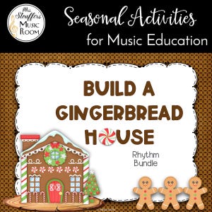 May include: A digital graphic titled Build a Gingerbread House Rhythm Bundle featuring a brown gingerbread house with a red door, a green wreath, and candy canes. Three gingerbread cookies stand below the text on a brown background.