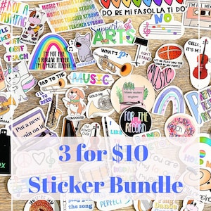 May include: A collection of colorful stickers with various designs and text, including musical notes, instruments, and phrases like "Music Teacher Strong" and "Sticker Bundle." The stickers are arranged on a wooden surface.