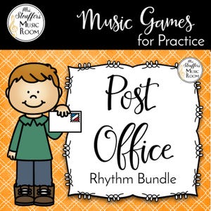 May include: A digital graphic featuring a cartoon character holding an envelope with a stamp. The text reads Music Games for Practice, Post Office, and Rhythm Bundle. The background is orange with a white lattice pattern and two circular logos.