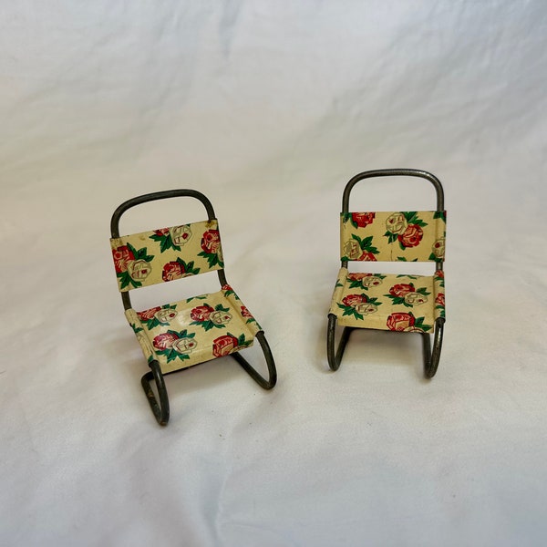 Vintage Floral Pattern Metal Doll Lawn Chairs 2 Piece Set