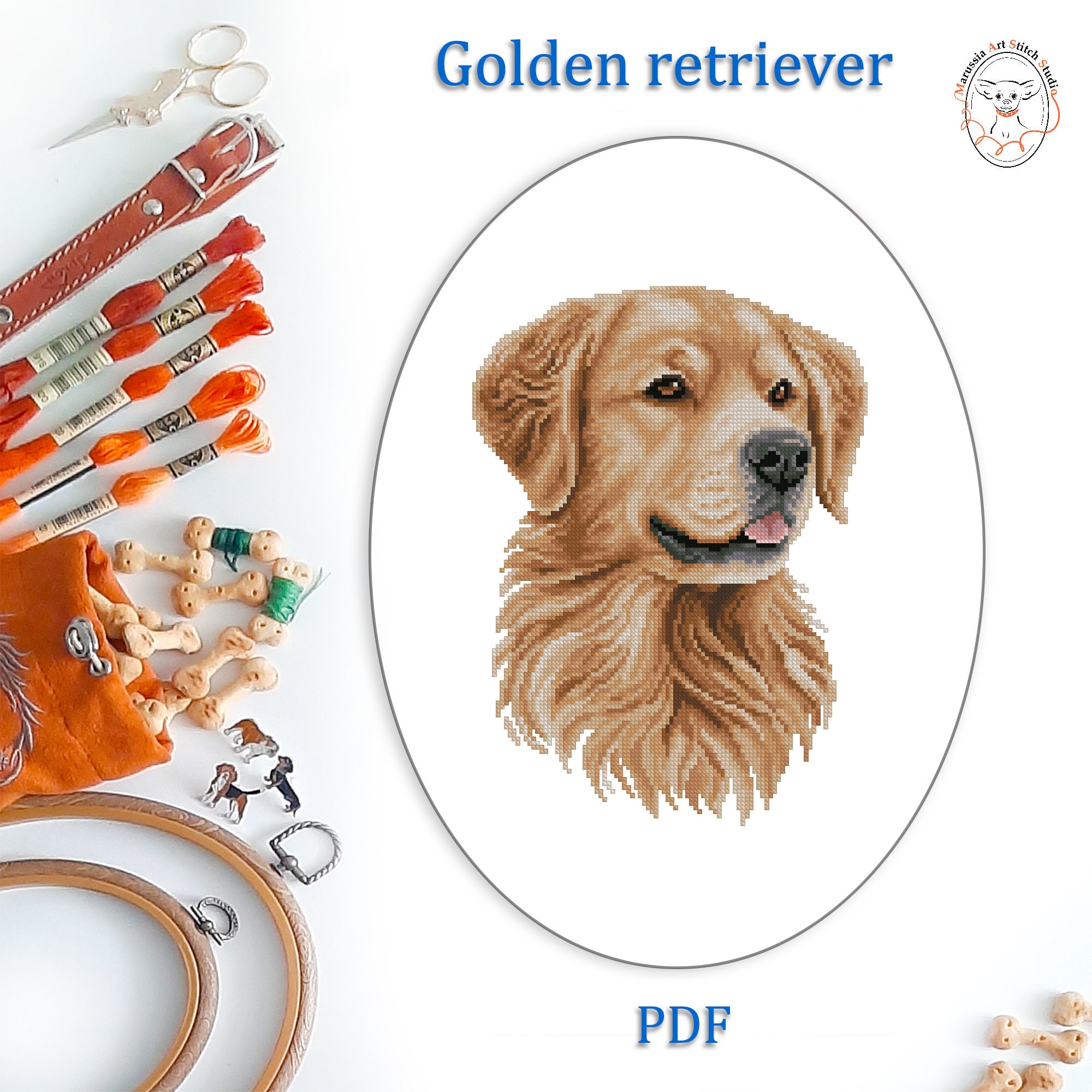 Golden Retriever cross stitch pattern Dog portrait Instant Etsy