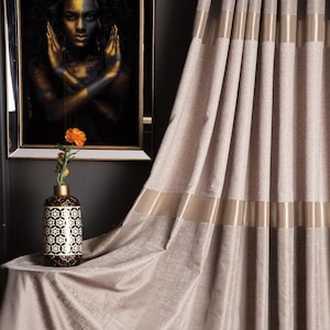 Luxury Brown & Gold Striped Patterned Curtains - Custom Size Available in Navy, Black Anthracite ,Gray, Ecru -Modern Window Drapes