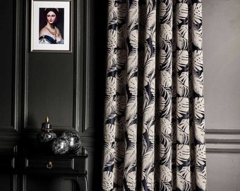 Luxury navy blue leaf patterned curtains for livingroom bedroom , modern custom size drape for home,gift for mom,mother days