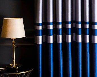Blue and Gray Striped Curtains, Luxury Fabric Drape, Custom Panel