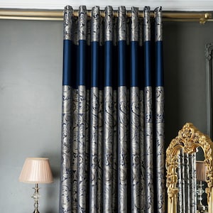 Curtains panel damask patterned striped fabric bedroom living room gold navy custom luxury size drapeMother&#39;s Day Gift
