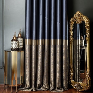 Curtains panel luxury striped patterned cream gold dark ice blue gray black brown fabric for bedroom living room custom size drape